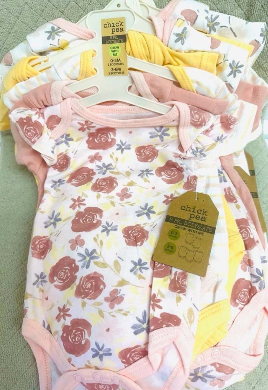 New Chick Pea 5-Pack Baby Bodysuits – Sizes 0 to 6 Months